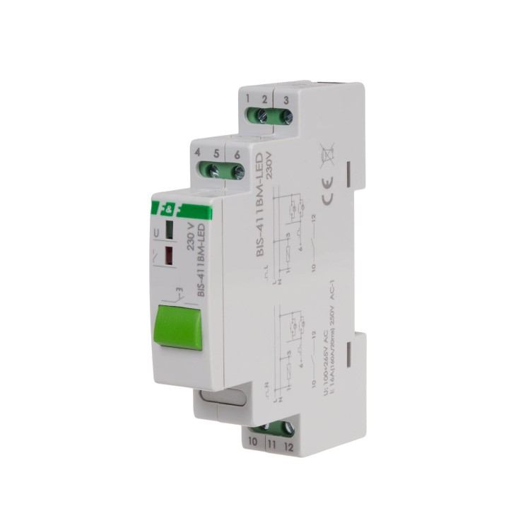 Przekaźnik bistabilny BIS-411BM-LED z przyciskiem do sterowania ręcznego, pamięcią, montaż na szynie DIN, 230V, z przekaźnikiem inrush 160A/20ms BIS-411BM-LED F&F