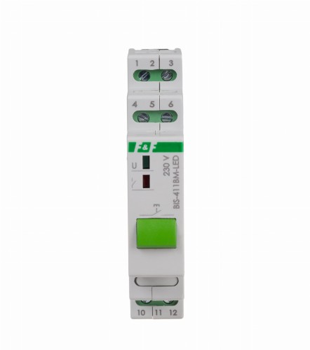Przekaźnik bistabilny BIS-411BM-LED z przyciskiem do sterowania ręcznego, pamięcią, montaż na szynie DIN, 230V, z przekaźnikiem inrush 160A/20ms BIS-411BM-LED F&F
