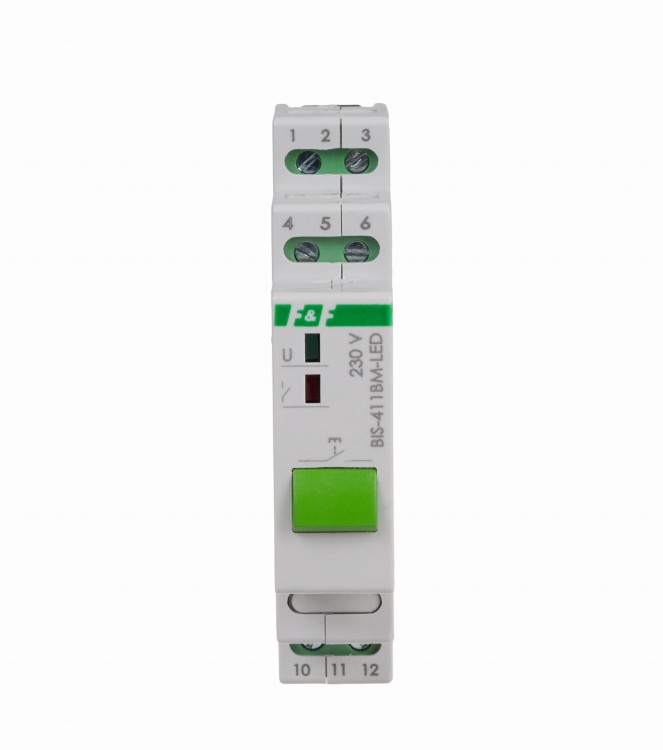 Przekaźnik bistabilny BIS-411BM-LED z przyciskiem do sterowania ręcznego, pamięcią, montaż na szynie DIN, 230V, z przekaźnikiem inrush 160A/20ms BIS-411BM-LED F&F