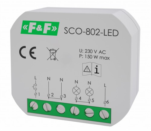 Ściemniacz oświetlenia SCO-802-LED do źródeł światła LED, z pamięcią ustawień natężenia oświetlenia, z funkcją Softstart. SCO-802-LED F&F