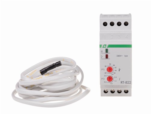 Regulator temperatury - zakres temperatur 30÷60°C - 24V montaż na szynie DIN, styk: 1NO/NC 230V AC RT-822-24V F&F