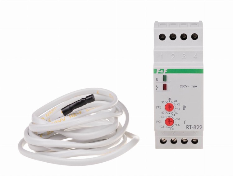 Regulator temperatury - zakres temperatur 30÷60°C - 24V montaż na szynie DIN, styk: 1NO/NC 230V AC RT-822-24V F&F