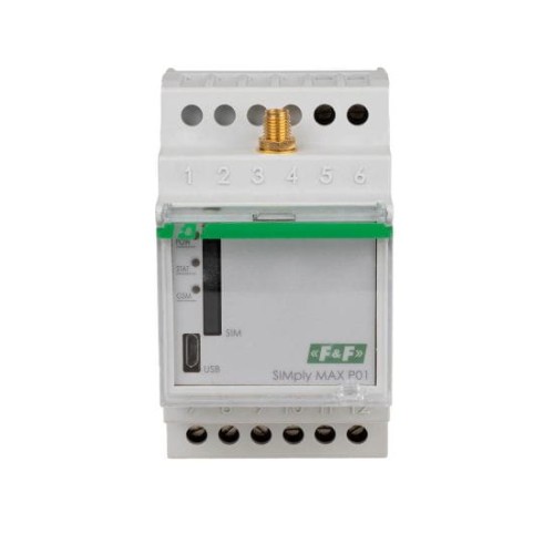 Przekaźnik zdalnego sterowania GSM (SMS); 2xWY, 2xWE; załącz/wyłącz/powiadom; 12V; 2x1NO/NC; montaż na szynie DIN SIMplyMAX-P01-12V F&F