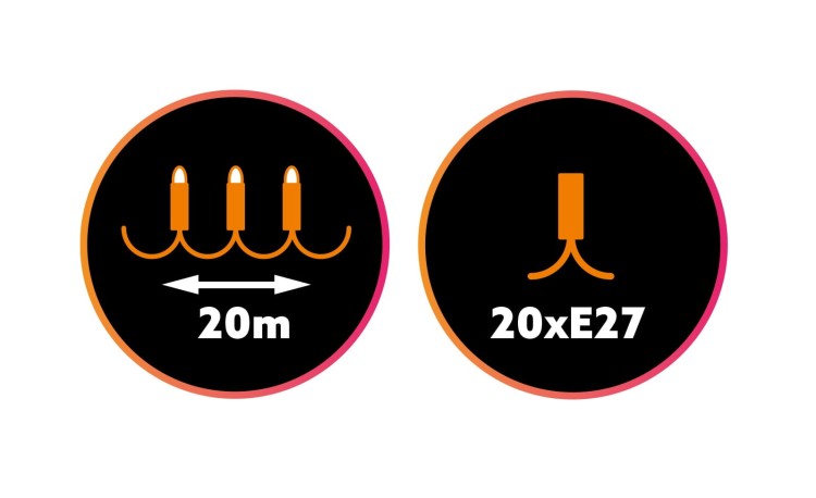 Lampki ogrodowe Girlanda Łańcuch Party 20m 20 x LED E27 do Ogrodu wymienne Żarówki KTMA20M20G MIMOSA Kobi Dekoracyjny IP44 20xE27 Dekoracja sznur czarny