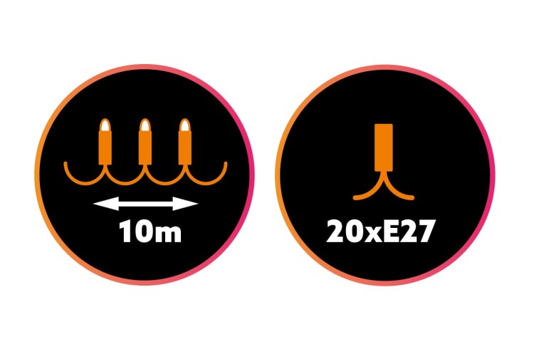 Lampki ogrodowe Girlanda Łańcuch Party 10m 20 x LED E27 do Ogrodu wymienne Żarówki KTMA10M20G MIMOSA Kobi Dekoracyjny IP44 20xE27 Dekoracja sznur czarny