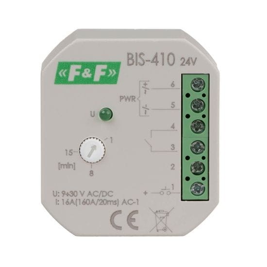 Przekaźnik bistabilny 24V, podtynkowy z wyłącznikiem czasowym, do podświetlanych przycisków BIS-410-24V F&F