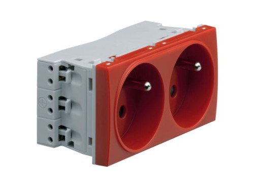 Gniazdo wtyczkowe przelotowe podwójne DATA czerwone z uziemieniem z/u Systo 16A 250V 2x(2P+Z) WS132 Hager Polo samozaciski 4M 4 moduły do koryt koryta korytka