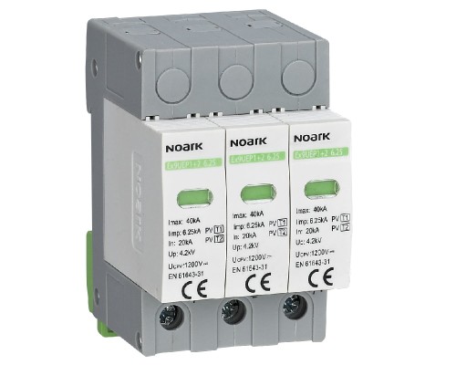 Ogranicznik przepięć SPD Ex9UEP z wbudowanym stykiem pomoc. typ I+II, 1500 V DC, 3 moduły szer., dla uziemionych systemów PV 111764 Noark do fotowoltaiki