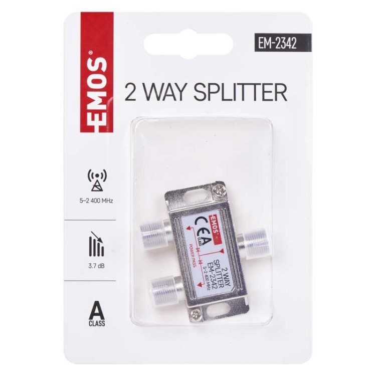 Rozgałęźnik antenowy RTV TV FM dwukrotny EM2342 J0102 Emos rozdzielacz Splitter niskostratny satelitarny do kablówki satelity