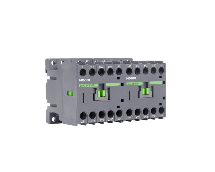 Stycznik miniaturowe nawrotny, 4-bieg., 9A AC-3, nap. cewki 48 V AC, 2 NC + 2 NO wbudowane styki pomocnicze Ex9CSR09 4P/22 48V 104576 Noark