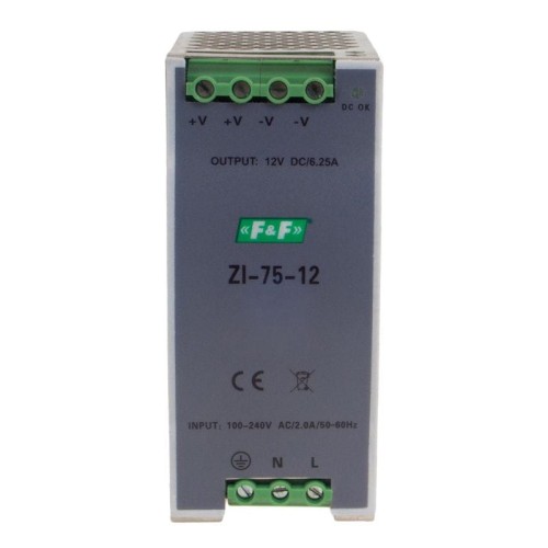 Zasilacz impulsowy przemysłowy nap. wej. 90÷264V AC/120÷370V DC, P=75W nap. Wyj. 12V DC ZI-75-12V F&F