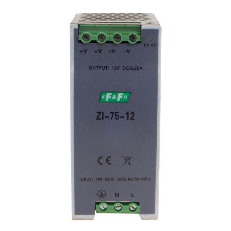 Zasilacz impulsowy przemysłowy nap. wej. 90÷264V AC/120÷370V DC, P=75W nap. Wyj. 12V DC ZI-75-12V F&F