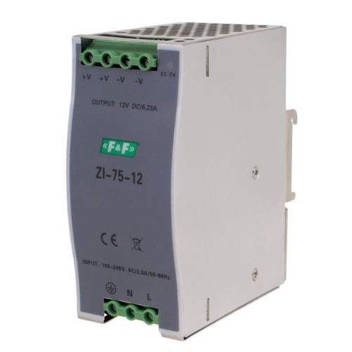 Zasilacz impulsowy przemysłowy nap. wej. 90÷264V AC/120÷370V DC, P=75W nap. Wyj. 12V DC ZI-75-12V F&F