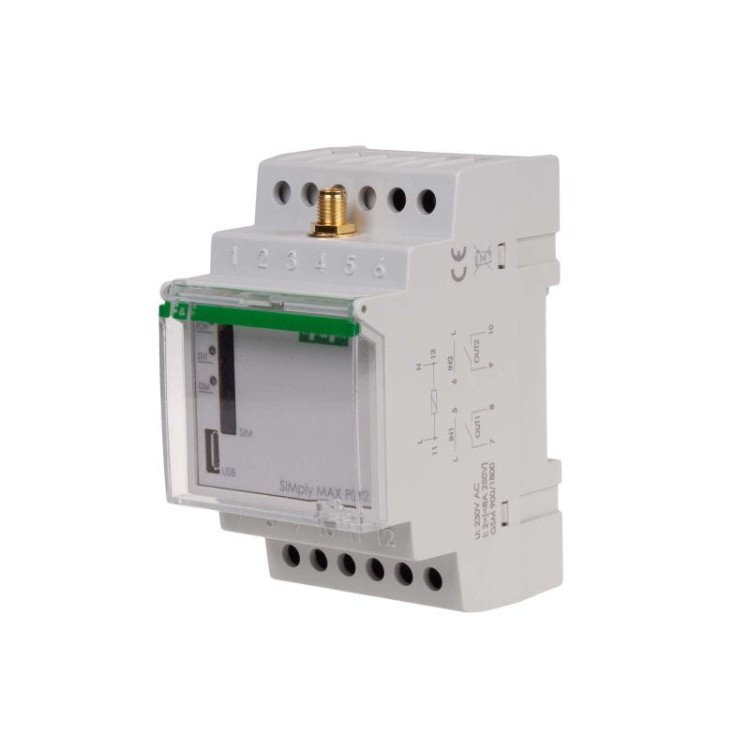 Przekaźnik zdalnego sterowania GSM (CLIP); 2xWY, 2xWE; sterowanie bramą; 230V AC; 2NO/NC; montaż na szynie DIN SIMplyMAX-P02 F&F