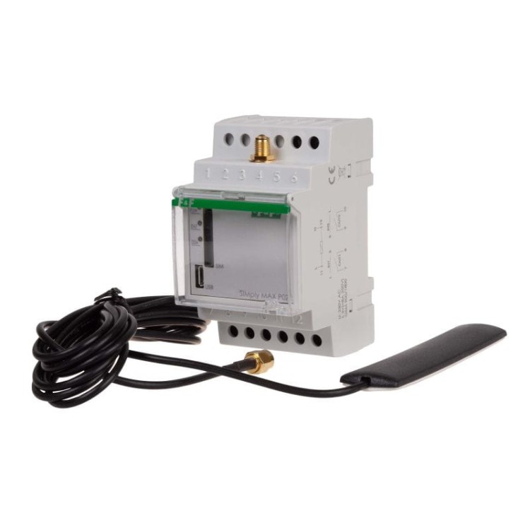 Przekaźnik zdalnego sterowania GSM (CLIP); 2xWY, 2xWE; sterowanie bramą; 230V AC; 2NO/NC; montaż na szynie DIN SIMplyMAX-P02 F&F