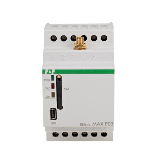 Przekaźnik zdalnego sterowania GSM (SMS); 2xWY, 2xWE; sterowanie temperaturą; 230V AC; 2x1NO/NC; montaż na szynie DIN SIMplyMAX-P03 F&F
