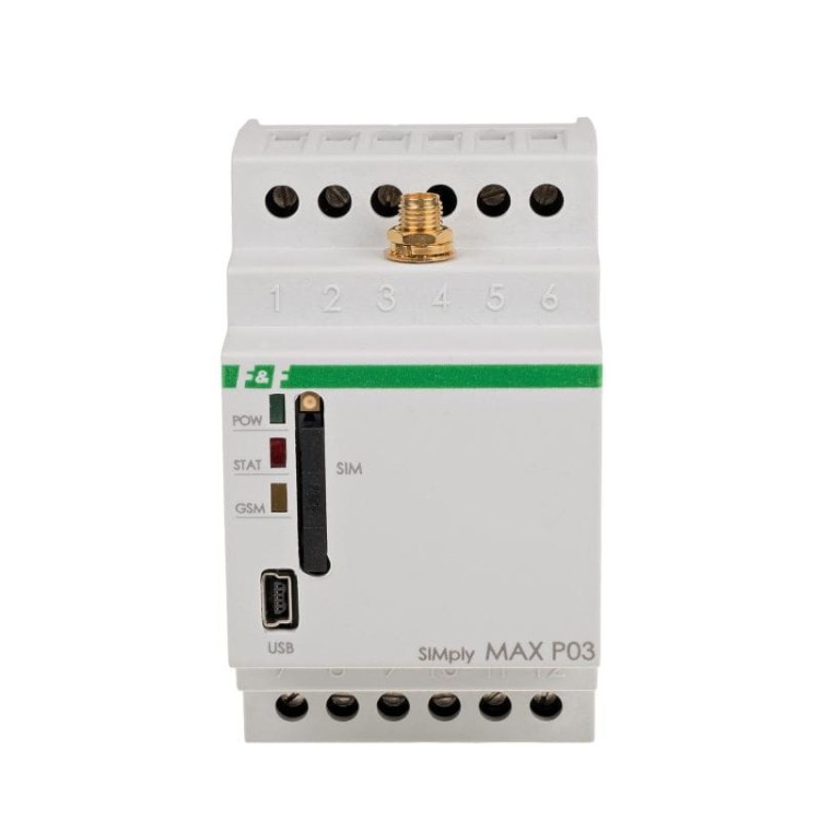 Przekaźnik zdalnego sterowania GSM (SMS); 2xWY, 2xWE; sterowanie temperaturą; 230V AC; 2x1NO/NC; montaż na szynie DIN SIMplyMAX-P03 F&F