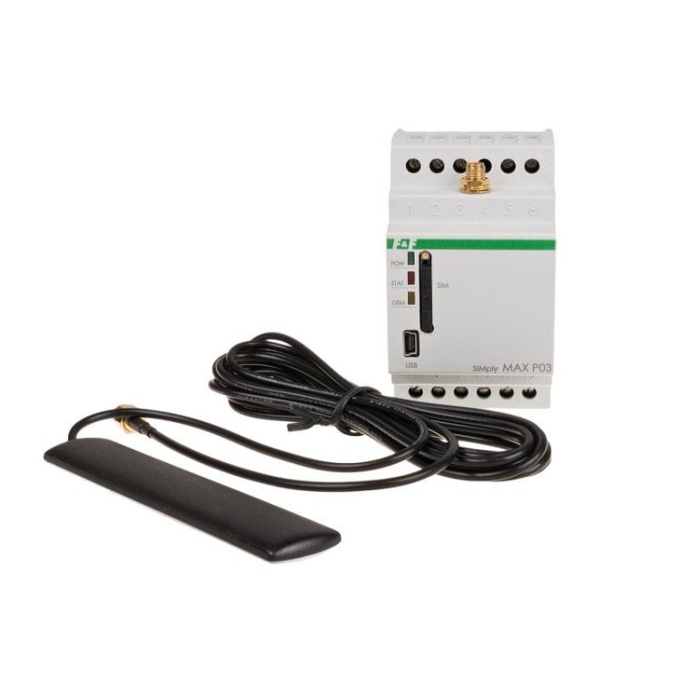 Przekaźnik zdalnego sterowania GSM (SMS); 2xWY, 2xWE; sterowanie temperaturą; 230V AC; 2x1NO/NC; montaż na szynie DIN SIMplyMAX-P03 F&F