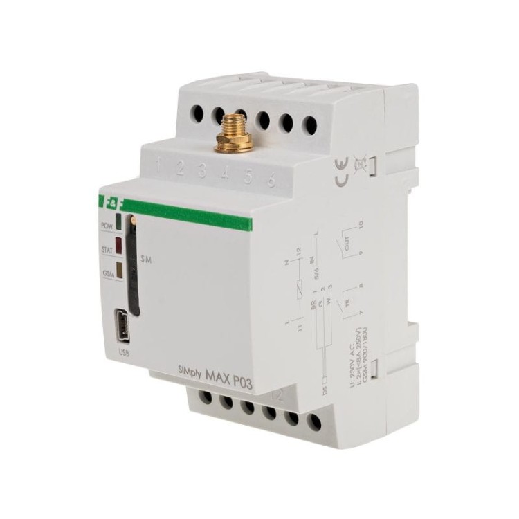 Przekaźnik zdalnego sterowania GSM (SMS); 2xWY, 2xWE; sterowanie temperaturą; 230V AC; 2x1NO/NC; montaż na szynie DIN SIMplyMAX-P03 F&F