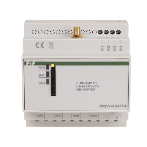Przekaźnik zdalnego sterowania GSM (SMS); 4xWY, 4xWE; załącz/wyłącz/powiadom; 230V AC; 4x1NO; montaż na szynie DIN SIMplyMAX-P04 F&F