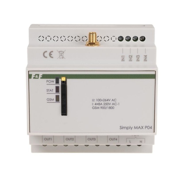 Przekaźnik zdalnego sterowania GSM (SMS); 4xWY, 4xWE; załącz/wyłącz/powiadom; 230V AC; 4x1NO; montaż na szynie DIN SIMplyMAX-P04 F&F