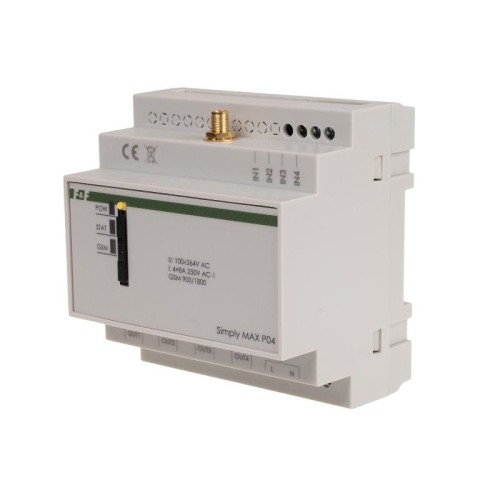 Przekaźnik zdalnego sterowania GSM (SMS); 4xWY, 4xWE; załącz/wyłącz/powiadom; 230V AC; 4x1NO; montaż na szynie DIN SIMplyMAX-P04 F&F