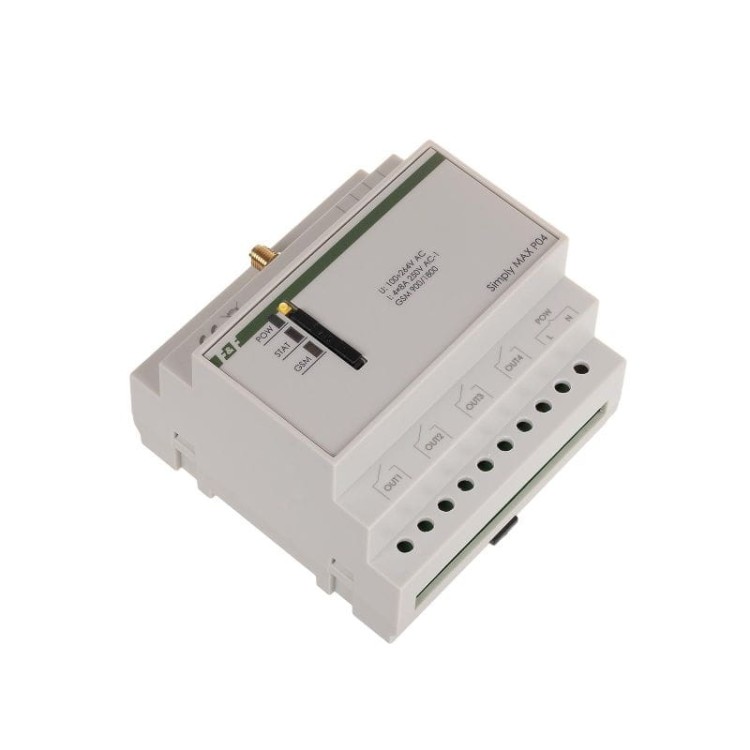 Przekaźnik zdalnego sterowania GSM (SMS); 4xWY, 4xWE; załącz/wyłącz/powiadom; 230V AC; 4x1NO; montaż na szynie DIN SIMplyMAX-P04 F&F