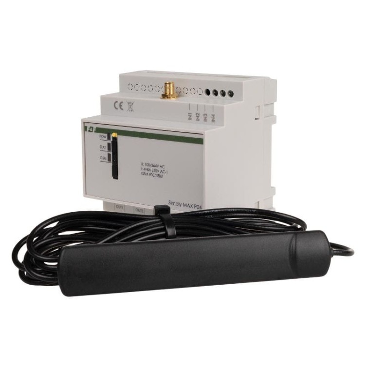 Przekaźnik zdalnego sterowania GSM (SMS); 4xWY, 4xWE; załącz/wyłącz/powiadom; 230V AC; 4x1NO; montaż na szynie DIN SIMplyMAX-P04 F&F