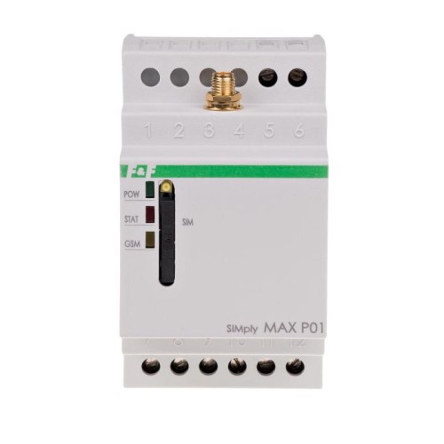 Przekaźnik zdalnego sterowania GSM (SMS); 2xWY, 2xWE; załącz/wyłącz/powiadom; 230V AC; 2x1NO/NC; montaż na szynie DIN SIMplyMAX-P01 F&F