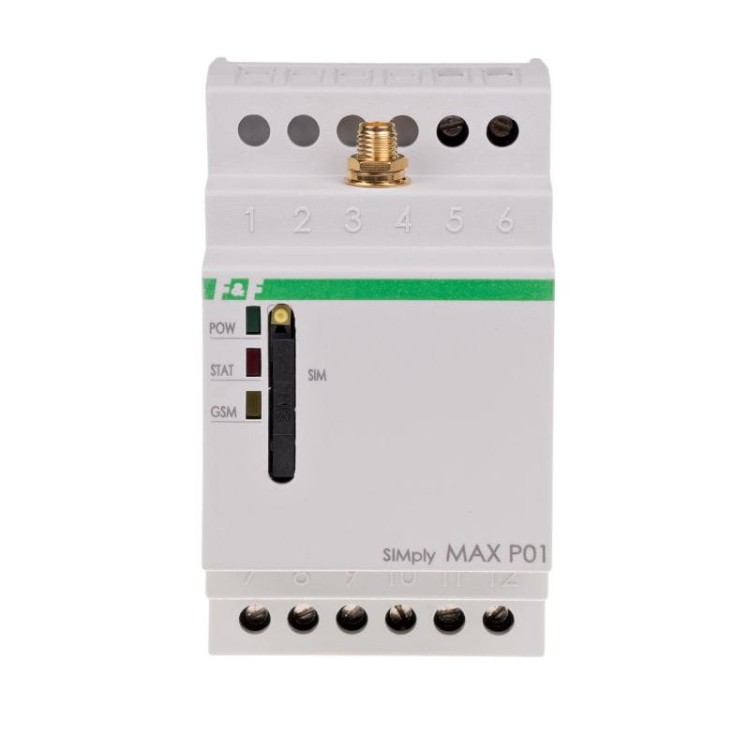Przekaźnik zdalnego sterowania GSM (SMS); 2xWY, 2xWE; załącz/wyłącz/powiadom; 230V AC; 2x1NO/NC; montaż na szynie DIN SIMplyMAX-P01 F&F