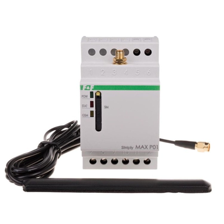 Przekaźnik zdalnego sterowania GSM (SMS); 2xWY, 2xWE; załącz/wyłącz/powiadom; 230V AC; 2x1NO/NC; montaż na szynie DIN SIMplyMAX-P01 F&F