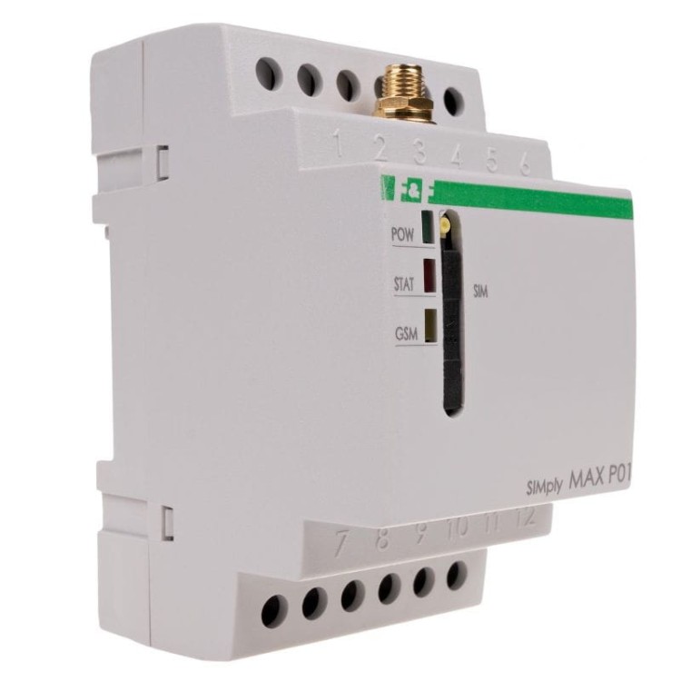 Przekaźnik zdalnego sterowania GSM (SMS); 2xWY, 2xWE; załącz/wyłącz/powiadom; 230V AC; 2x1NO/NC; montaż na szynie DIN SIMplyMAX-P01 F&F