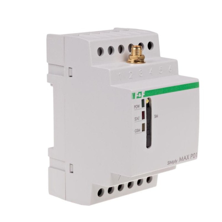Przekaźnik zdalnego sterowania GSM (SMS); 2xWY, 2xWE; załącz/wyłącz/powiadom; 230V AC; 2x1NO/NC; montaż na szynie DIN SIMplyMAX-P01 F&F