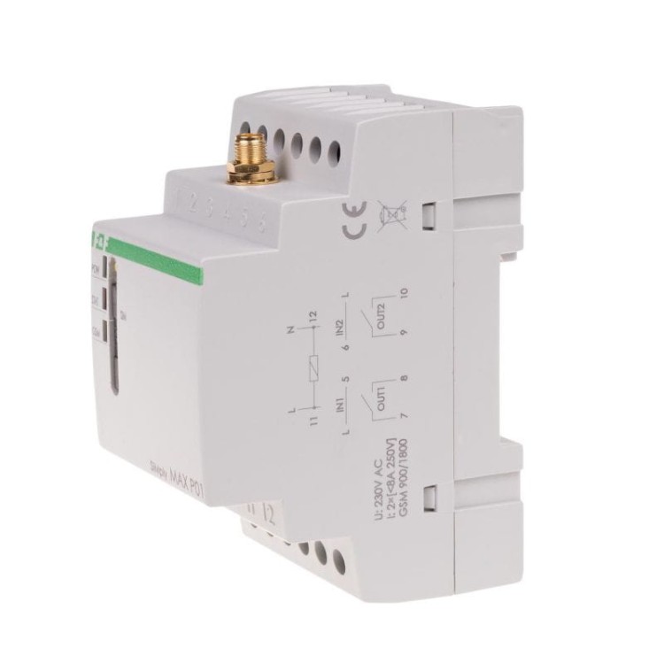 Przekaźnik zdalnego sterowania GSM (SMS); 2xWY, 2xWE; załącz/wyłącz/powiadom; 230V AC; 2x1NO/NC; montaż na szynie DIN SIMplyMAX-P01 F&F