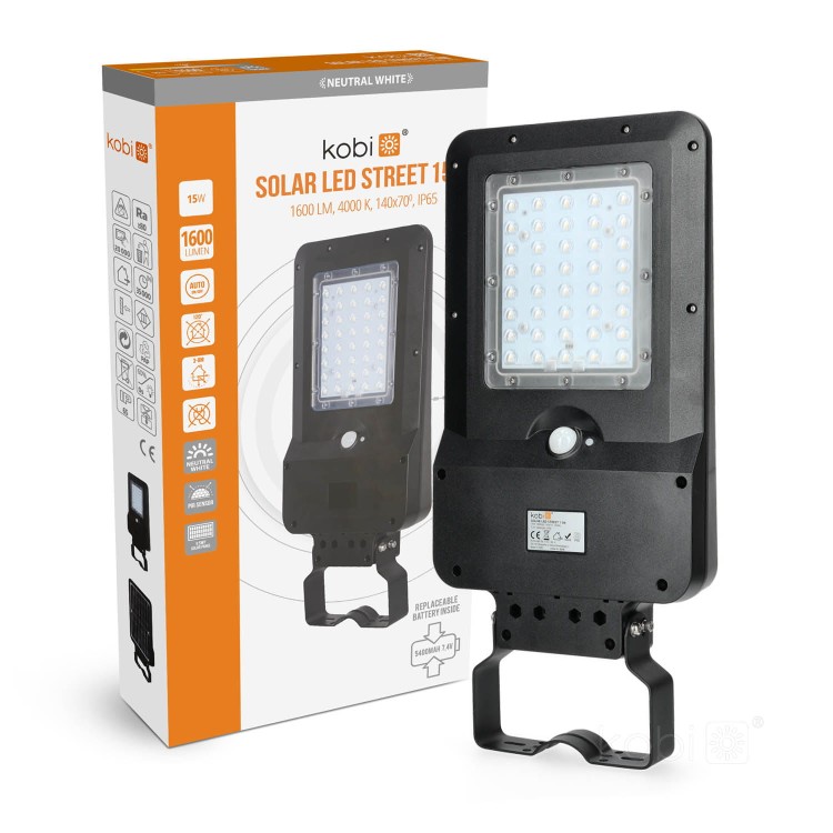 Lampa uliczna parkingowa solarna z czujnikiem ruchu i zmierzchu SOLAR LED STREET 15W Kobi KFNSU15NB 1600lm parkowa z akumulatorem barwa neutralna