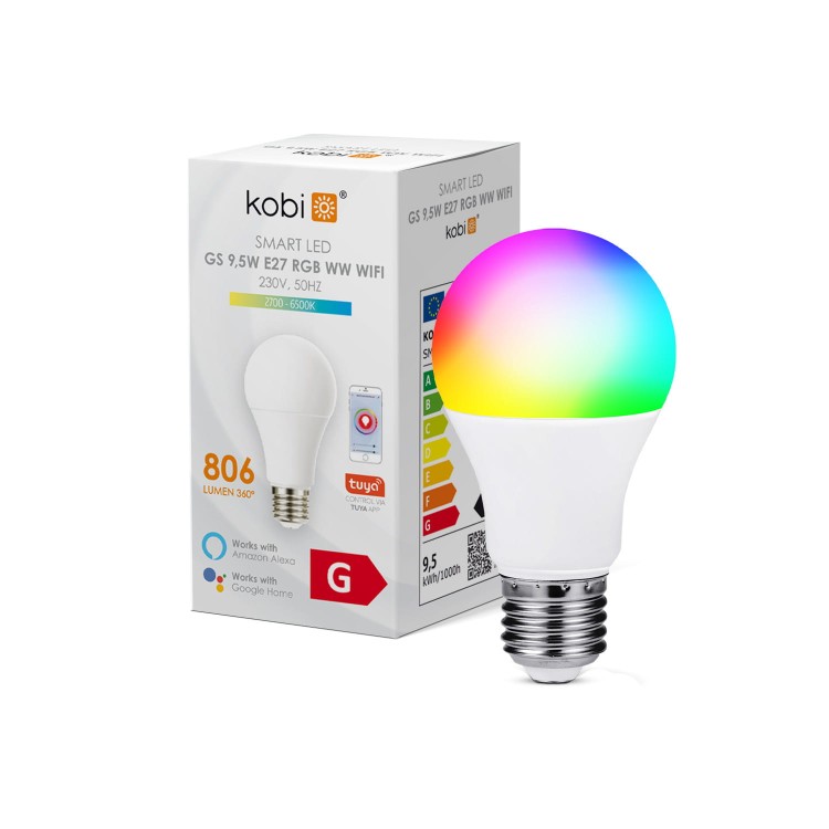 Żarówka kolorowa + biała SMART LED GS 9,5W E27 RGB WW WiFi KAGSE2785RWW Kobi 230V 2700-6500K Inteligentna sterowana telefonem lub głosem Google Home Amazon Alexa ściemnialna do ściemniania