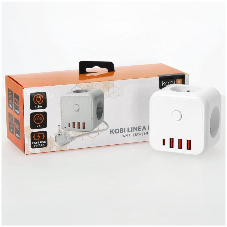 Przedłużacz elektryczny KOBI LINEA PRO CUBE C 3-gniazda 1,5m z uz. i wył. + 4xUSB KGLCZW3U4D1B Kobi kostka