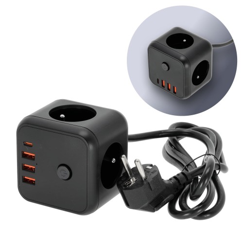 Przedłużacz elektryczny KOBI LINEA PRO CUBE C 3-gniazda 1,5m z uz. i wył. + 4xUSB czarny KGLCZW3U4D1C Kobi kostka