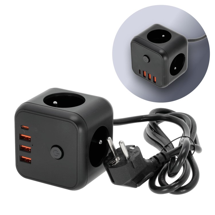 Przedłużacz elektryczny KOBI LINEA PRO CUBE C 3-gniazda 1,5m z uz. i wył. + 4xUSB czarny KGLCZW3U4D1C Kobi kostka