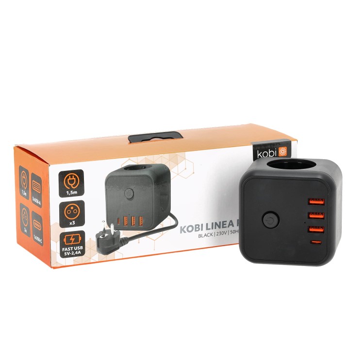 Przedłużacz elektryczny KOBI LINEA PRO CUBE C 3-gniazda 1,5m z uz. i wył. + 4xUSB czarny KGLCZW3U4D1C Kobi kostka