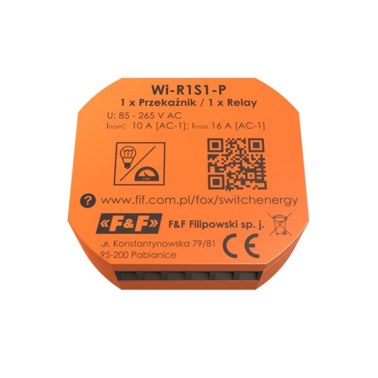SWITCH & ENERGY Pojedynczy przekaźnik Wi-Fi 230V z funkcją monitorowania parametrów sieci. WI-R1S1-P F&F FOX