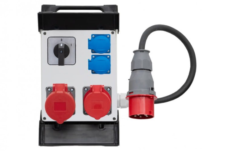 Rozdzielnica R-240 - gniazda 2x32A 5p, 2x230V, 0/1, przewód OPD 5x4mm2-1,5m z wtyczką 32A 5p na stelażu  plastikowym  F3.0894 F-Elektro