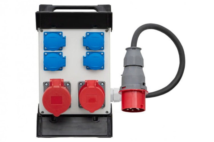 Rozdzielnica R-240 - gniazda 16A 5p, 32A 5p, 4x230V, przewód OW 5x2,5mm2-1,5m z wtyczką 16A 5p na stelażu  plastikowym  F3.0919 F-Elektro
