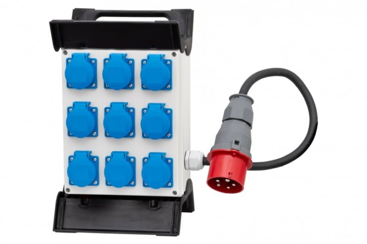 Rozdzielnica R-240 - gniazda 9x230V, przewód OW 5x2,5mm2-1,5m z wtyczką 16A 5p na stelażu plastikowym F3.1836 F-Elektro