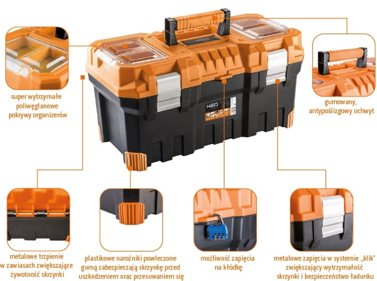 Skrzynka narzędziowa 22" 554x286x276 mm 84-113 NEO TOOLS z organizerami