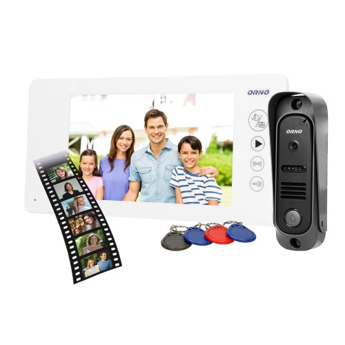 Zestaw wideodomofonowy 7" komplet OR-VID-JS-1053/W ARCUS RFID ORNO Home wideodomofon LCD bezsłuchawkowy z brelokami czytnikiem Pin Hole biały