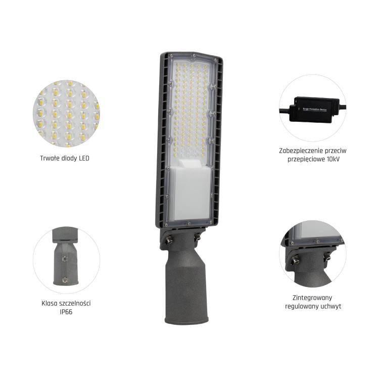 STREETOS Uliczna 50W NW 230V 130/80st IP66 IK09 456x122x77mm Szary 5 Lat Gwarancji SLI027014NW_PW SPECTRUM LED