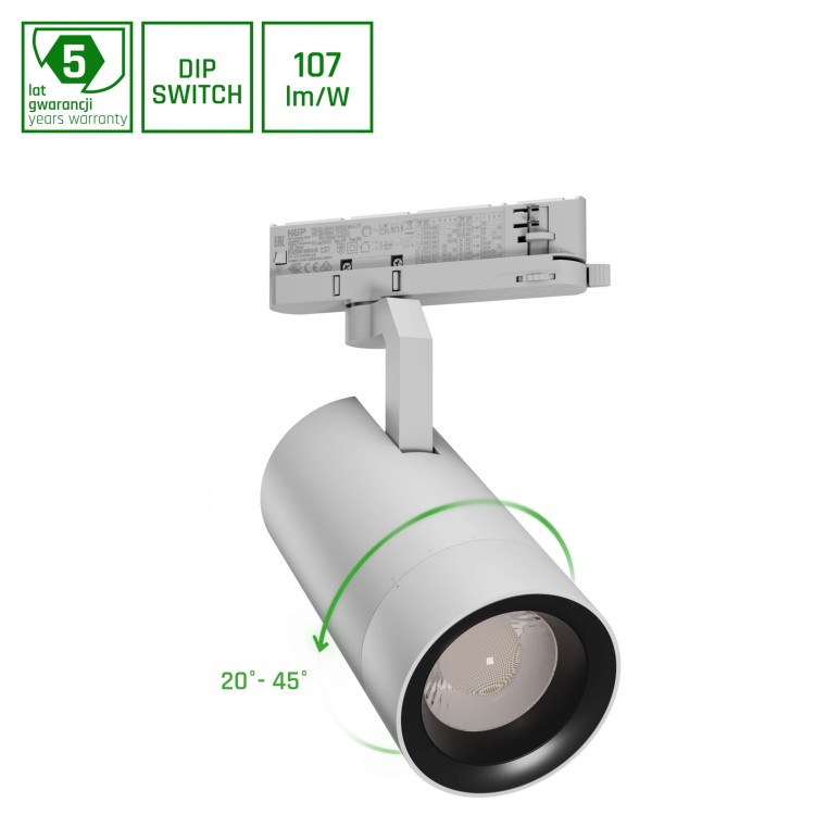 Lampa szynowa Reflektor szynowy PAVA 2 na Szynoprzewód 3F 19-42W WW 230V 20-45ST IP20 RA90 Biały 5 Lat Gwarancji Z regulacją mocy SLI033030WW_PW SPECTRUM LED szynoprzewodu