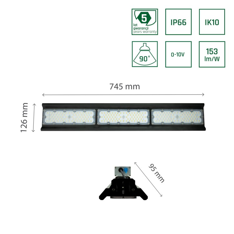 Oprawa przemysłowa HALLS LINE HIGH BAY 150W NW 230V 75X140ST IP66 IK10 745X126X95MM Czarny 5 Lat Gwarancji 0-10V SLI048003NW_PW SPECTRUM LED do hali