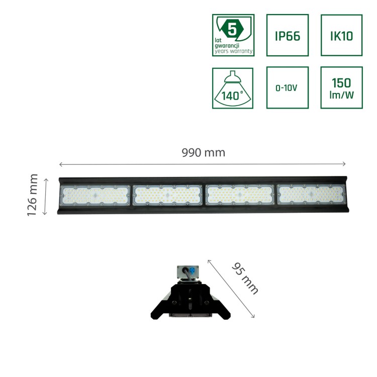 Oprawa przemysłowa HALLS LINE HIGH BAY 200W NW 230V 90ST IP66 IK10 990X126X95MM Czarny 5 Lat Gwarancji 0-10V SLI048004NW_PW SPECTRUM LED do hali